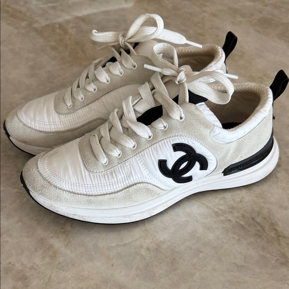 CHANEL Cream and Black Athletic Sneakers
